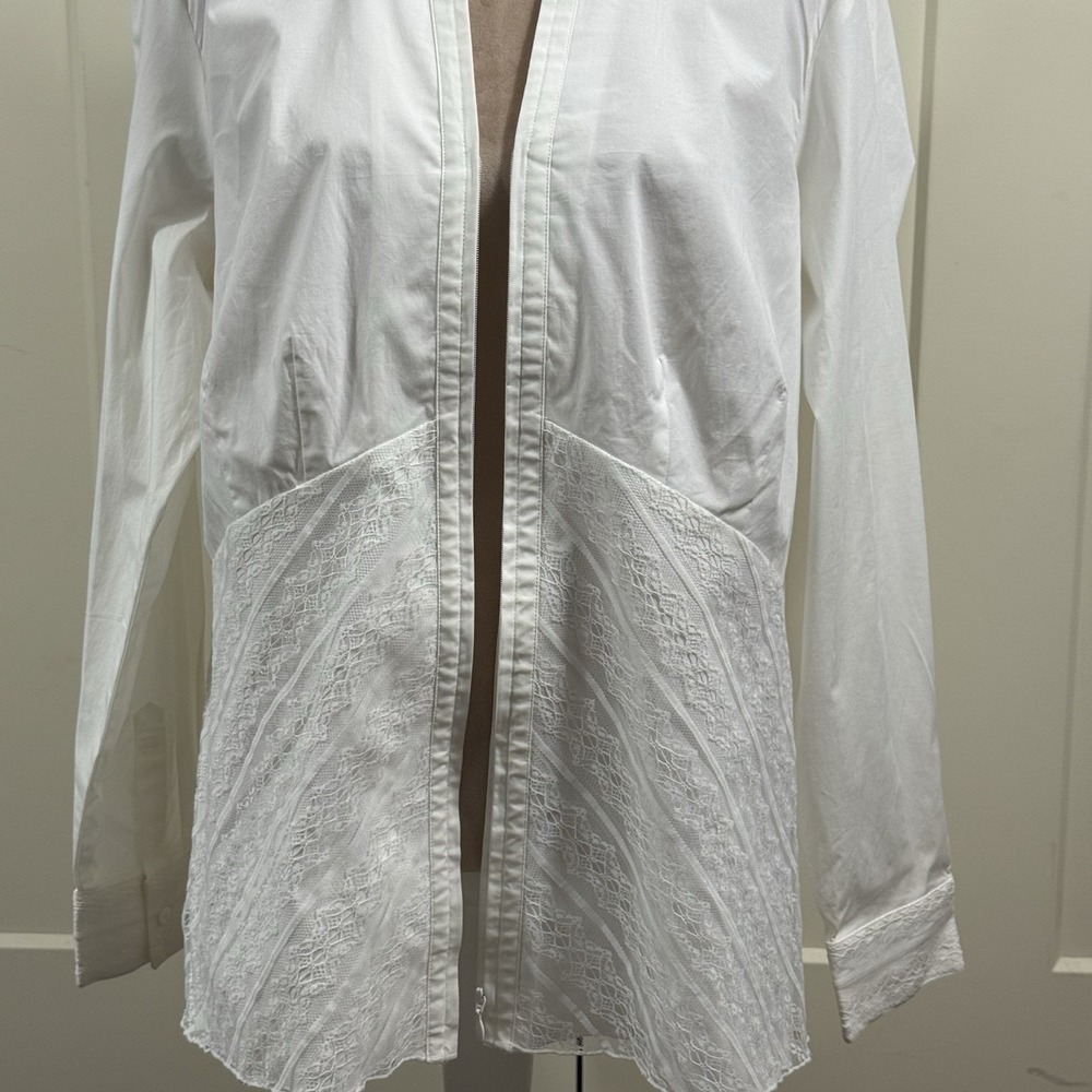 Coldwater Creek Woman's 1X White Long Sleeve Zippered Blouse Lace Overlay - Picture 7 of 16